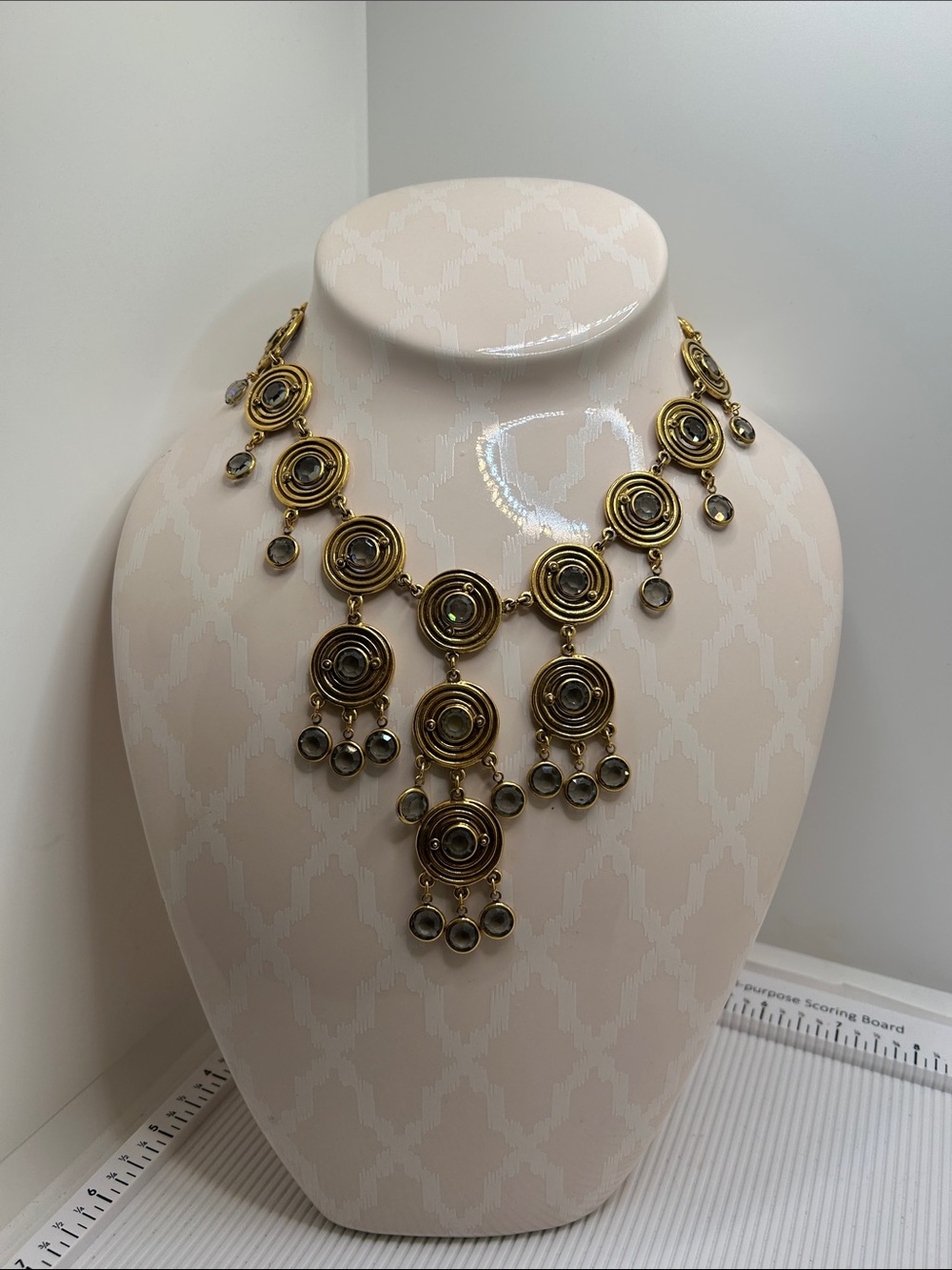 Vintage Goldette Gold Circular Disc Bib Necklace with Clear Crystal Drops - Picture 2 of 13